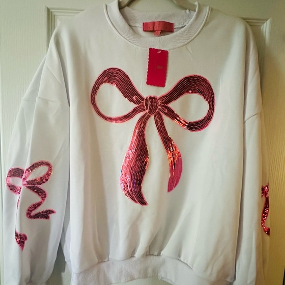 Simply Southern Tops - NWT Simply Southern Pink Sequin Bow Design Top Sweatshirt! XLARGE